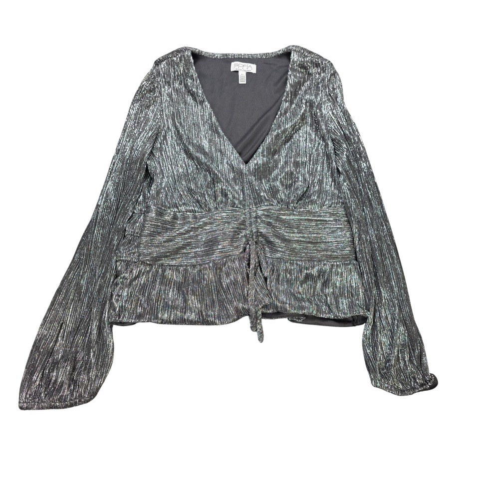 Sofia Jeans by Sofia Vergara V-Neck Peplum Blouse Women's Size XL Black Metallic